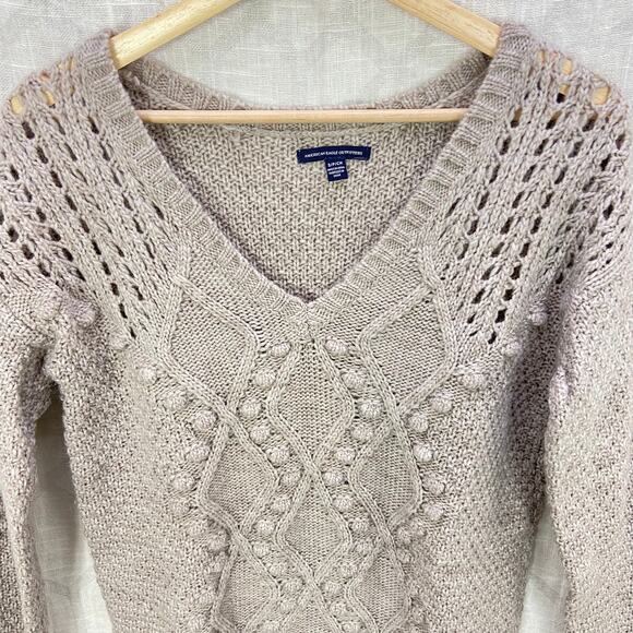 American Eagle Tunic Sweater Size S Bobble Neutral Taupe Beige V Neck - Picture 2 of 10